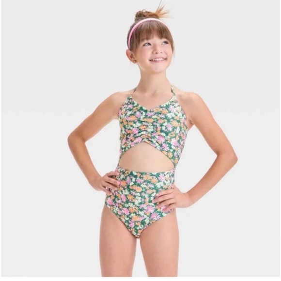 Girls Floral Swimsuit Halter Neck, cut out UPF 50+ Large  10-12 - Picture 1 of 3